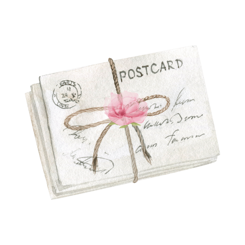 Watercolor illustration of a stack of postcards tied together with a brown string, adorned with a pink flower.