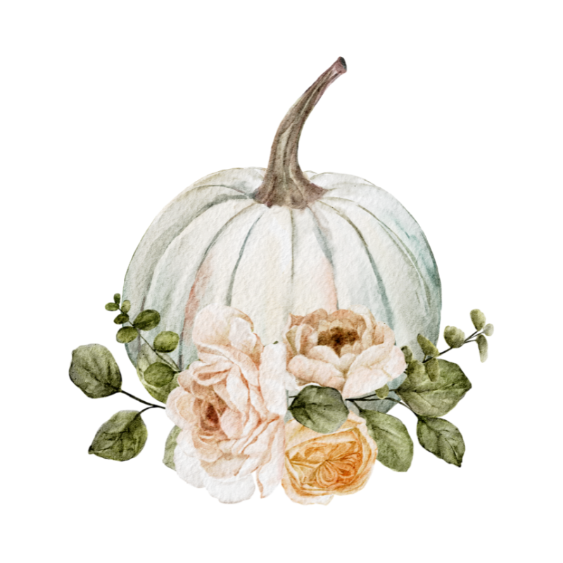A charming watercolor illustration of a white pumpkin adorned with delicate roses and greenery, evoking the cozy and festive atmosphere perfect for the "Five Little Turkeys" poem.