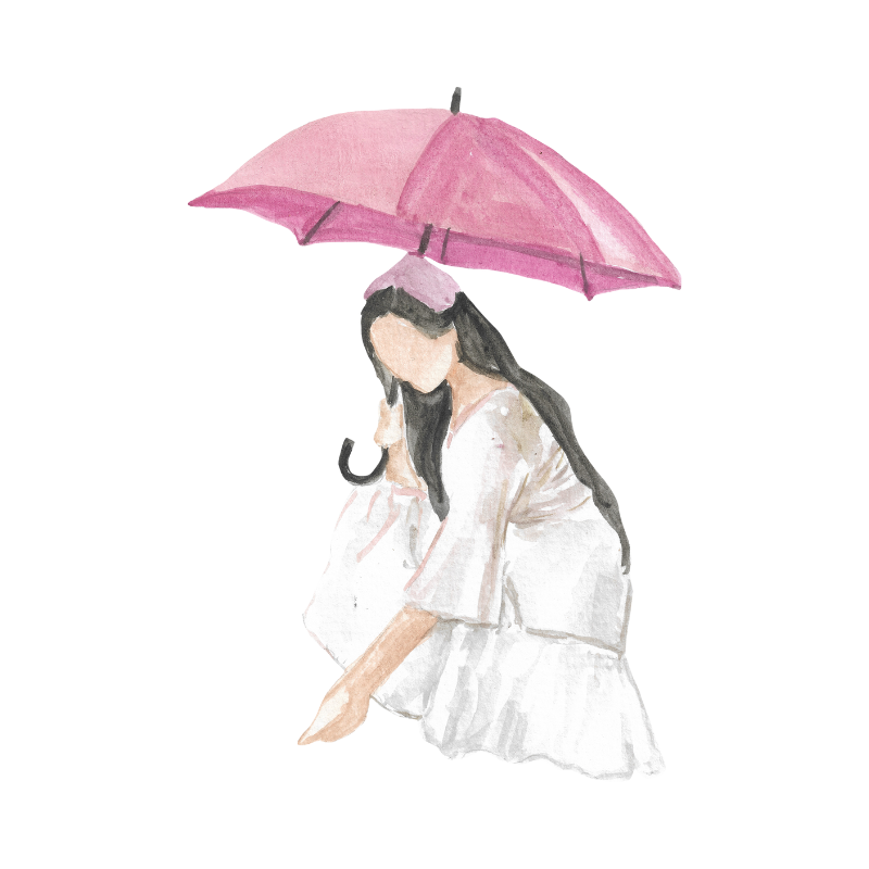 A watercolor painting of a young woman in a white dress, sitting under a pink umbrella.