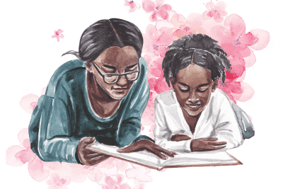 an older woman and a young girl, both African descent, lying on their stomachs and reading a book together.