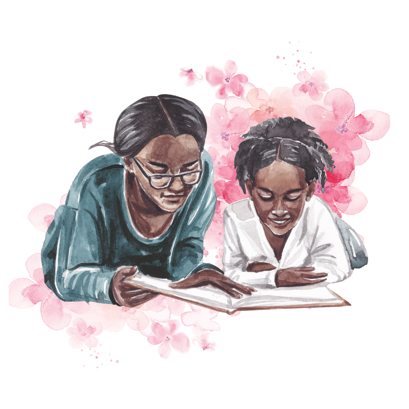 an older woman and a young girl, both African descent, lying on their stomachs and reading a book together.