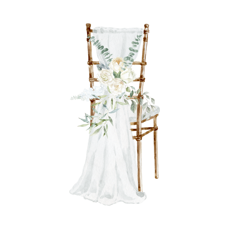 An elegantly decorated wedding chair. The chair, crafted from bamboo with a rich golden hue, is adorned with a cascading arrangement of white flowers and green foliage.
