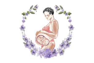 A watercolor illustration of a pregnant Black mother cradling her belly, surrounded by a wreath of purple flowers.