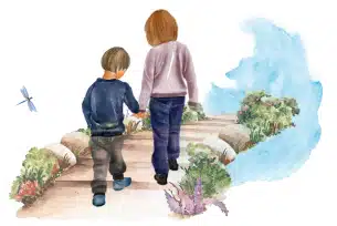 A gentle illustration of a young boy and an older woman walking hand in hand along a garden path, surrounded by colorful plants and flowers. A blue dragonfly flutters nearby, adding a touch of whimsy.