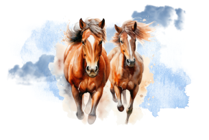 Two horses galloping forward against a watercolor background of soft blues and clouds.