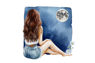 A woman with long brown hair sits on the ground, gazing up at a full moon in the night sky.