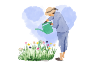 A watercolor illustration of an elderly woman watering flowers in a garden, wearing a sun hat.