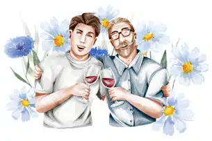 A cheerful illustration of two men smiling and holding glasses of wine, surrounded by large, colorful flowers. One man has short brown hair, and the other has glasses and a mustache.