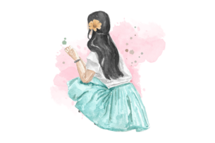 A watercolor illustration of a woman in a teal skirt with a flower in her hair, sitting with her back turned.