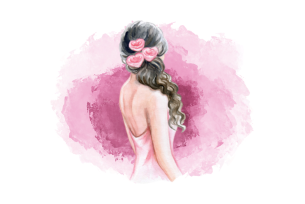 A watercolor illustration of a woman with long, flowing hair adorned with pink heart-shaped hairpins, standing against a soft pink background.