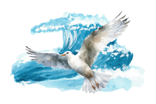 Watercolor painting of a seagull soaring over ocean waves.
