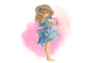 A watercolor illustration of a young girl in a blue dress and hat, holding a teapot, with a pink background.