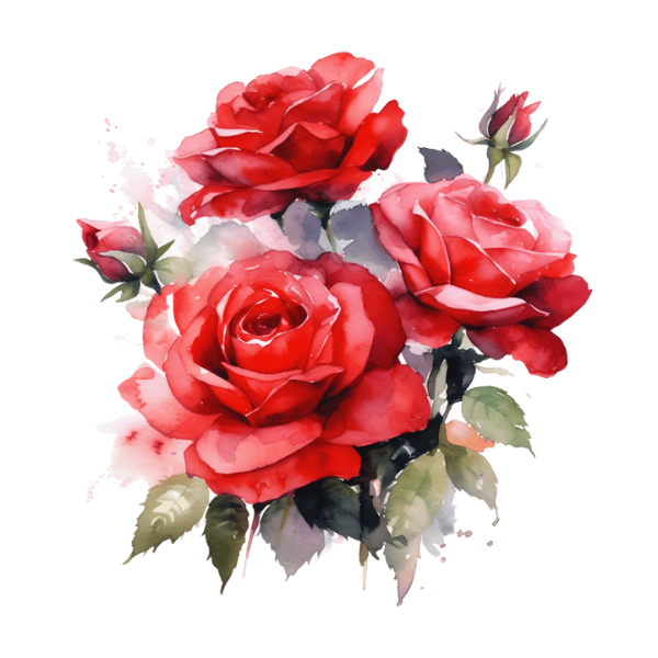 A watercolor painting of three vibrant red roses in full bloom, surrounded by lush green leaves, symbolizing enduring love and beauty.