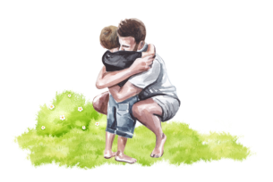 A watercolor illustration of a father kneeling and hugging his young son in a grassy field.