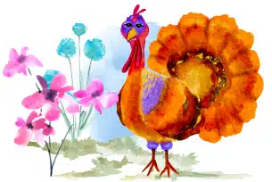 A colorful turkey stands among beautiful flowers in a whimsical setting.