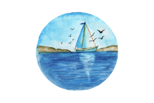 A watercolor of a sailboat on calm blue waters with birds flying overhead, symbolizing a peaceful farewell.