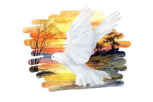 A white dove soaring against a sunset backdrop, symbolizing peace and remembrance.
