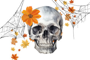 A skull adorned with an orange flower surrounded by autumn leaves and cobwebs.