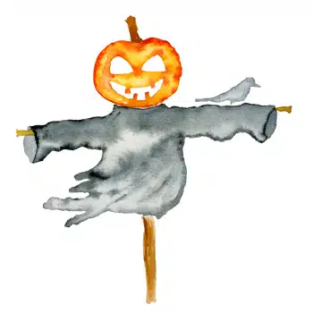 Scarecrow with a pumpkin head and a bird perched on its arm.