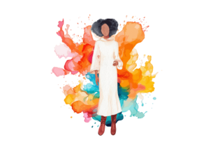 A watercolor illustration of a confident woman in a white dress standing against a vibrant, colorful splash background.