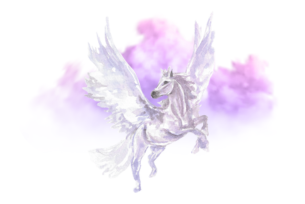 A watercolor illustration of a white Pegasus with wings spread wide, soaring against a pink and purple clouded sky.