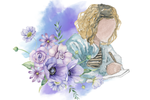 A watercolor illustration of a person writing with flowers in the foreground, symbolizing creativity and growth.