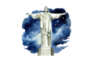 A watercolor illustration of the Christ the Redeemer statue standing with outstretched arms against a background of a starry night sky.