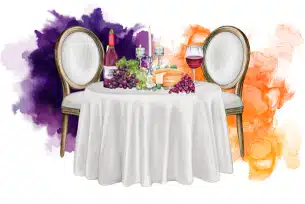 Watercolor illustration of an elegant table set for two with white chairs, wine, grapes, and candles against purple and orange background