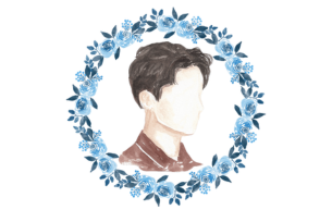 Illustration of a faceless man with dark hair, wearing a brown shirt, encircled by a wreath of blue roses and green leaves.