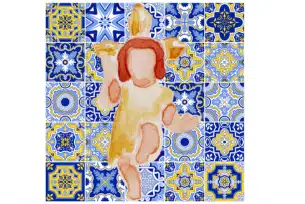 A watercolor depiction of a faceless child-like figure, symbolizing the infant Jesus, surrounded by decorative mosaic.