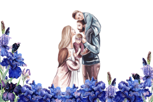 A watercolor illustration of a loving family surrounded by purple flowers, symbolizing affection and togetherness.