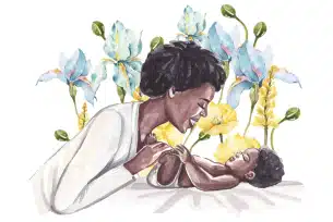 Illustration of a mother lovingly gazing at her baby, surrounded by flowers.