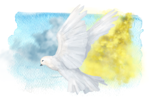 A white dove soaring through the sky with soft blue and yellow watercolor tones in the background.