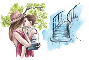 An illustration of a mother holding her young son closely, both gazing at each other with warmth and connection. Beside them, a sketched spiral staircase rises upward against a soft blue background, symbolizing a journey.