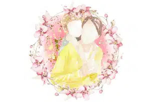 A soft watercolor illustration of a mother and child embracing, surrounded by a wreath of pink flowers and golden accents. The mother wears a yellow sweater, and the child hugs her from behind.