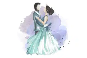 Watercolor illustration of a couple dancing, with the woman in a flowing teal dress and the man in a suit, surrounded by soft purple and blue splashes.