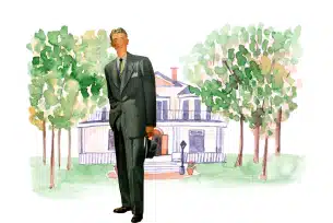 Illustration of a man in a suit standing in front of a house surrounded by trees.