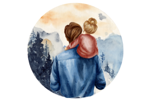 A watercolor illustration of a father carrying his daughter on his shoulders, gazing at a scenic landscape.