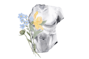A grayscale marble sculpture of a male torso with delicate yellow and blue flowers placed in front.