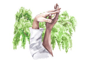 Watercolor illustration of two hands gently clasped, one light-skinned and one dark-skinned, with green trees in the background.