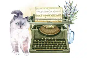 A vintage typewriter with a page of text, accompanied by a curious cat and a vase of flowers, symbolizing creativity and opportunity.