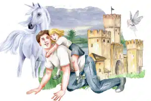 Illustration of a father giving his child a piggyback ride near a castle, with a unicorn and fairy nearby.