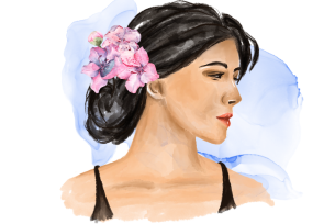 A woman with a somber expression and flowers in her hair, symbolizing loss and emotional reflection.