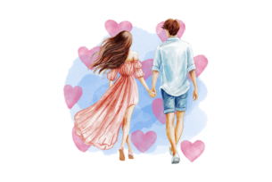 A couple walking hand in hand, with hearts surrounding them, symbolizing eternal love and togetherness.