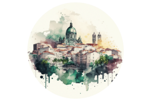 A watercolor illustration of a scenic cityscape with domed buildings and greenery, evoking the essence of a family vacation.