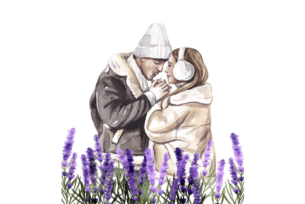 A couple dressed in winter clothing sharing a tender moment surrounded by lavender flowers.