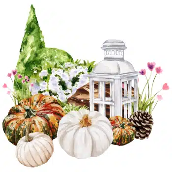 Autumn pumpkins with a white lantern, pinecone, and flowers.