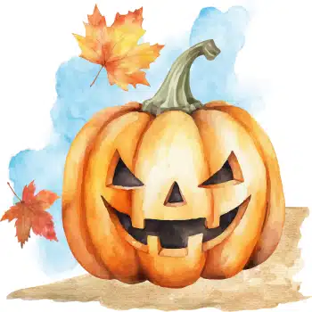 Smiling jack-o'-lantern pumpkin with autumn leaves.