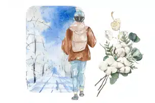 Illustration of a person walking down a snowy path, with a bouquet of cotton flowers nearby.