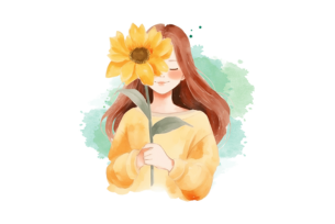 A cheerful watercolor illustration of a smiling woman holding a large sunflower, her eyes closed in a peaceful expression, against a soft pastel background.